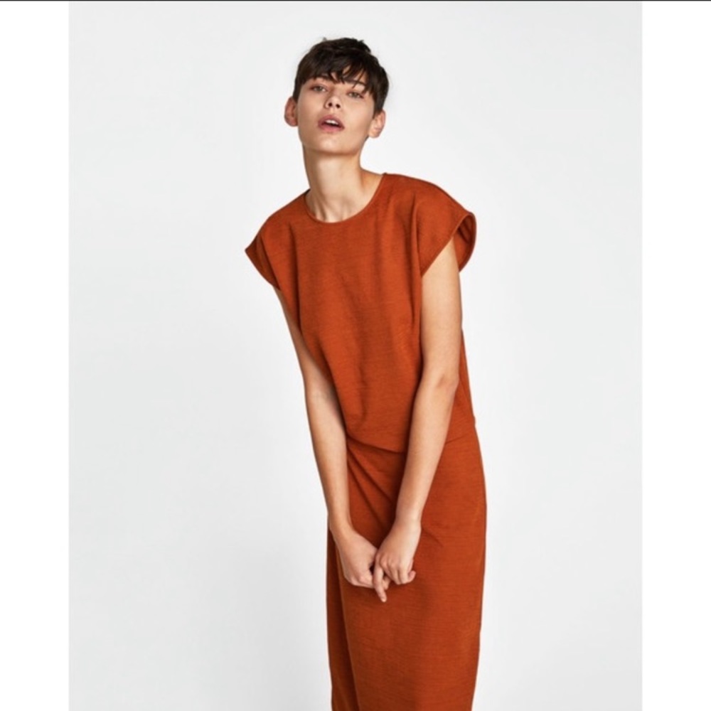 Zara Burnt Orange Textured Midi Dress